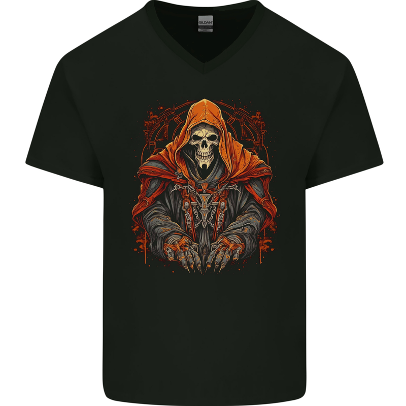 Grim Reaper in Medieval Satanic Robes Mens V-Neck Cotton T-Shirt Black