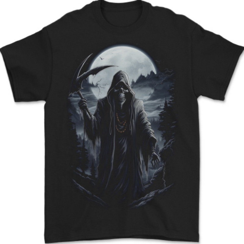 Grim Reaper in a Spooky Landscape Skull Mens T-Shirt 100% Cotton BLACK