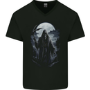 Grim Reaper in a Spooky Landscape Skull Mens V-Neck Cotton T-Shirt Black