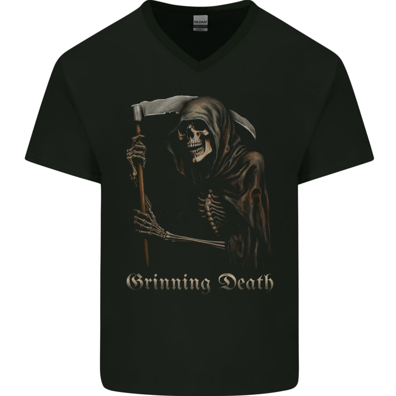 Grinning Death Grim Reaper Gothic Heavy Metal Skull Mens V-Neck Cotton T-Shirt Black