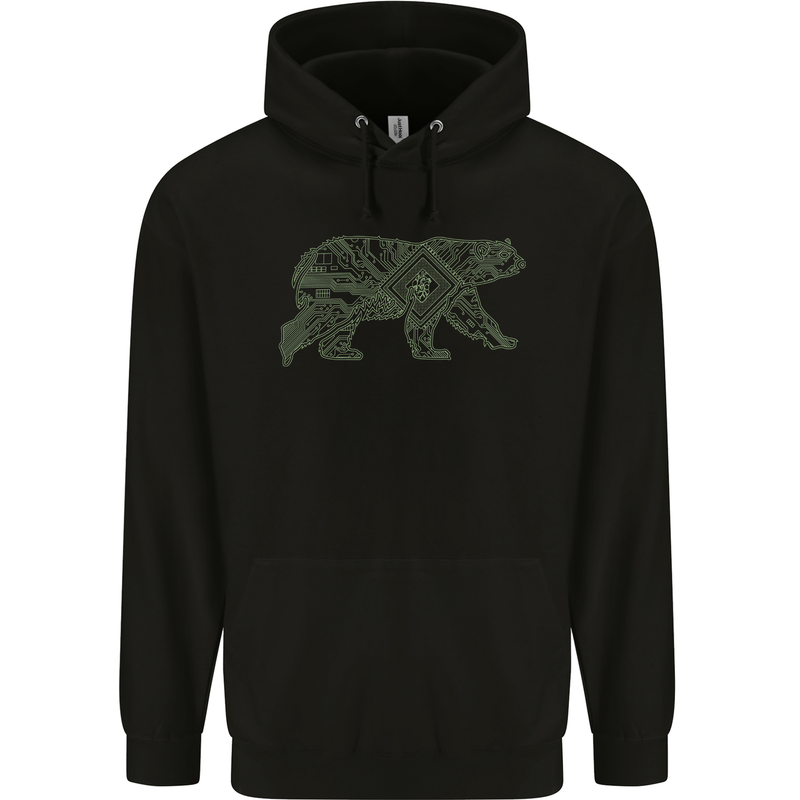 Grizzly Bear Circuit Board Childrens Kids Hoodie Black