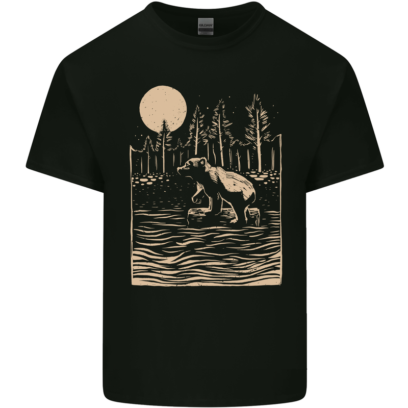 Grizzly Bear Cub Linocut Mens Cotton T-Shirt Tee Top Black