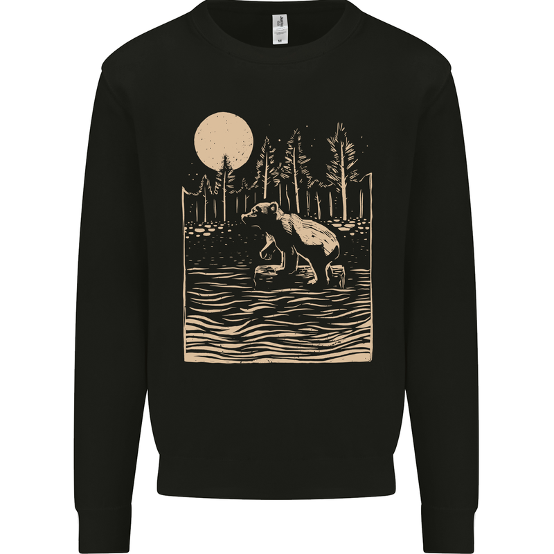 Grizzly Bear Cub Linocut Mens Sweatshirt Jumper Black
