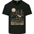 Grizzly Bear Cub Linocut Mens V-Neck Cotton T-Shirt Black