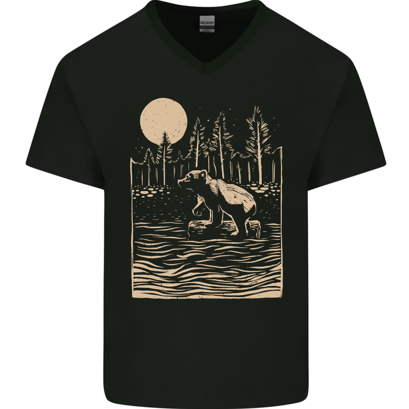 Grizzly Bear Cub Linocut Mens V-Neck Cotton T-Shirt Black