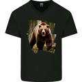 Grizzly Bear Photograph Mens V-Neck Cotton T-Shirt Black