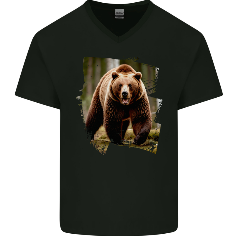 Grizzly Bear Photograph Mens V-Neck Cotton T-Shirt Black