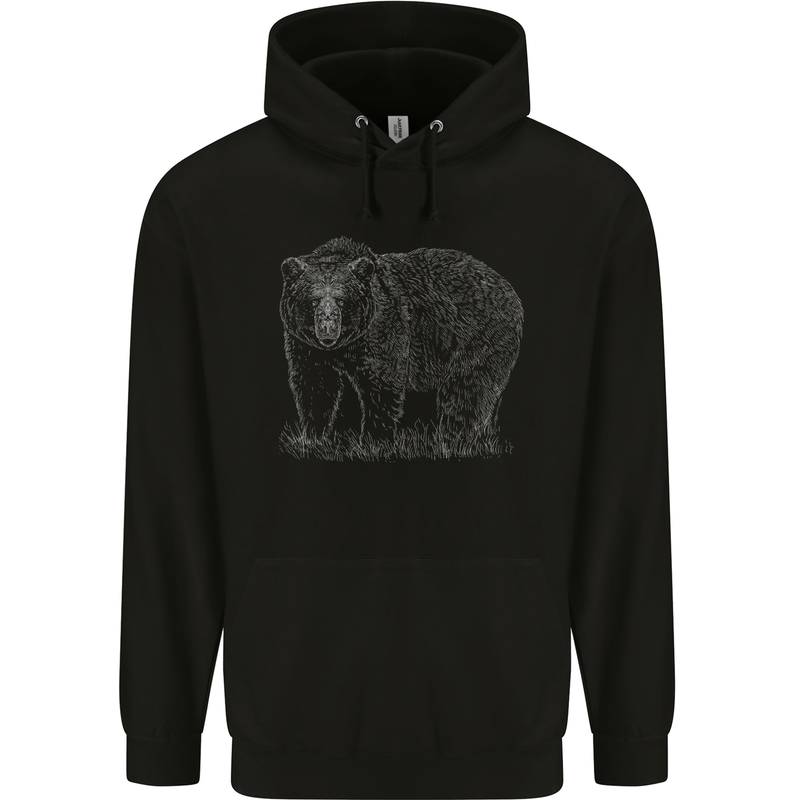 Grizzly Bear White Print Mens 80% Cotton Hoodie Black