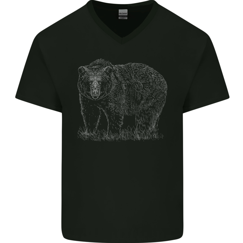Grizzly Bear White Print Mens V-Neck Cotton T-Shirt Black