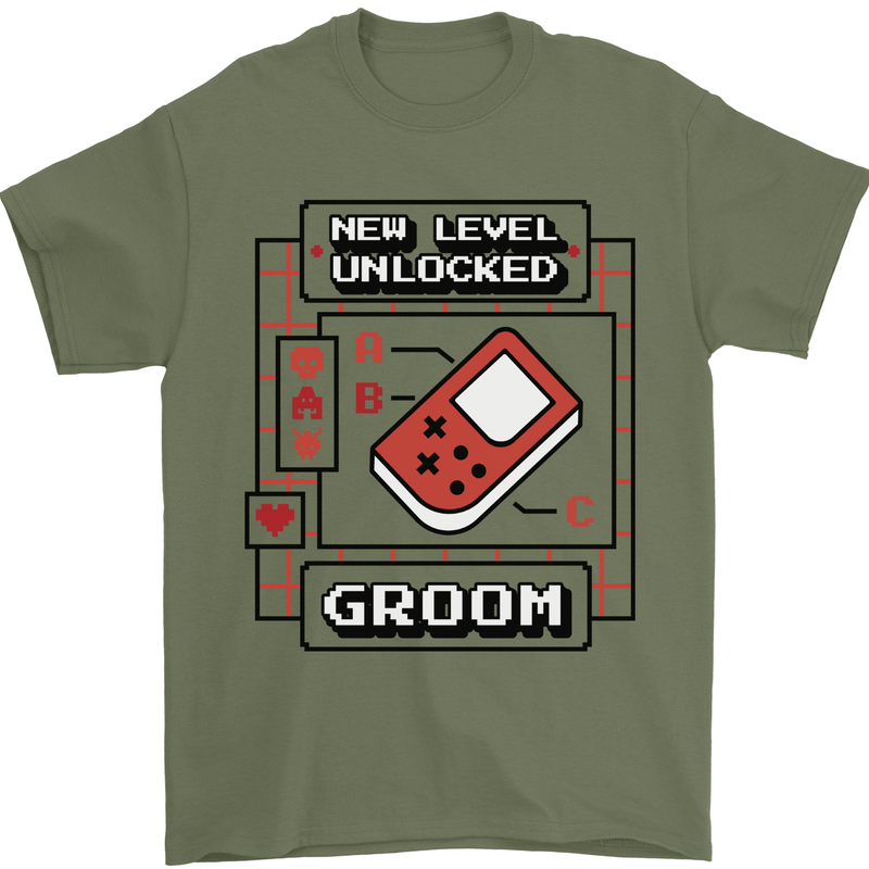Groom New Level Unlocked Funny Marriage Mens T-Shirt 100% Cotton Military Green