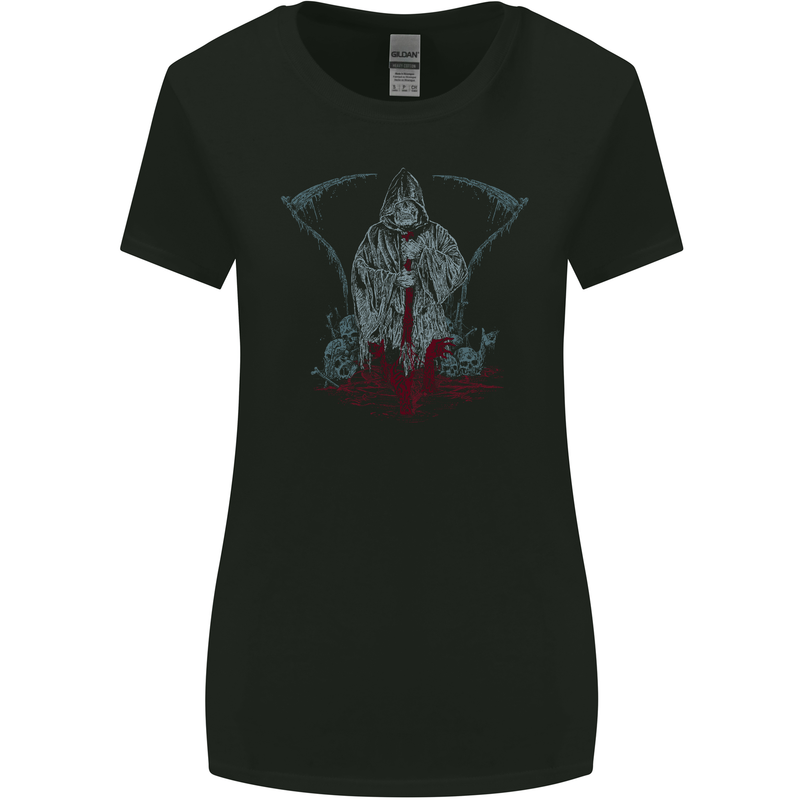 Grungy Grim Reaper Satanic Skulls Heavy Metal Womens Wider Cut T-Shirt Black