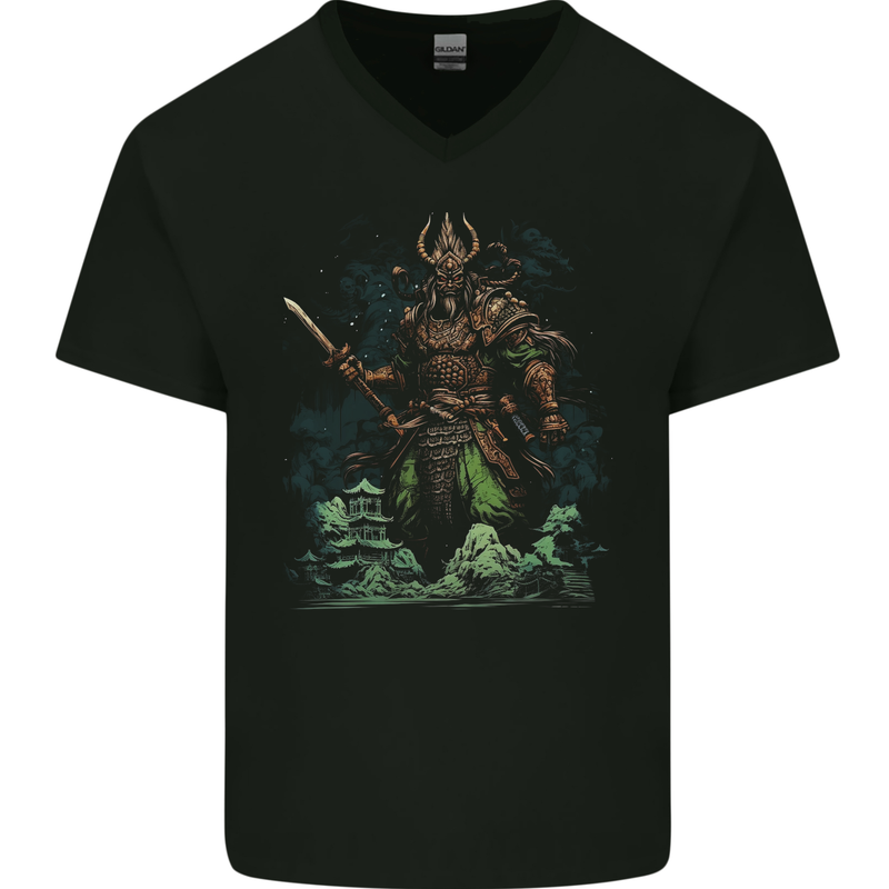 Guan Yu Chinese God of War Fantasy MMA Mens V-Neck Cotton T-Shirt Black