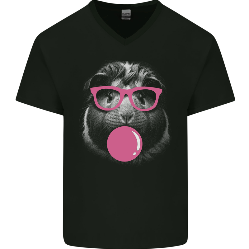 Guinea Pig With Bubble Gum and Glasses Mens V-Neck Cotton T-Shirt Black