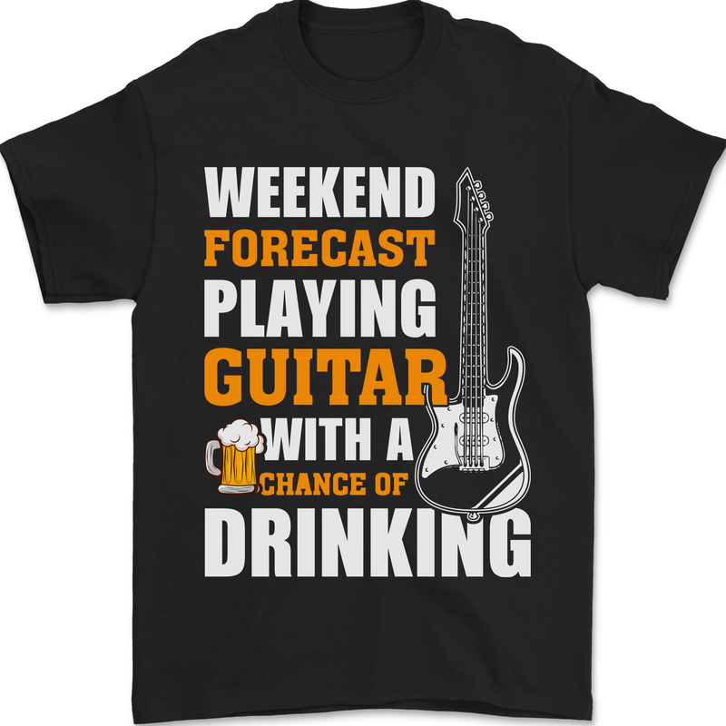 a black t - shirt with a guitar and a glass of beer