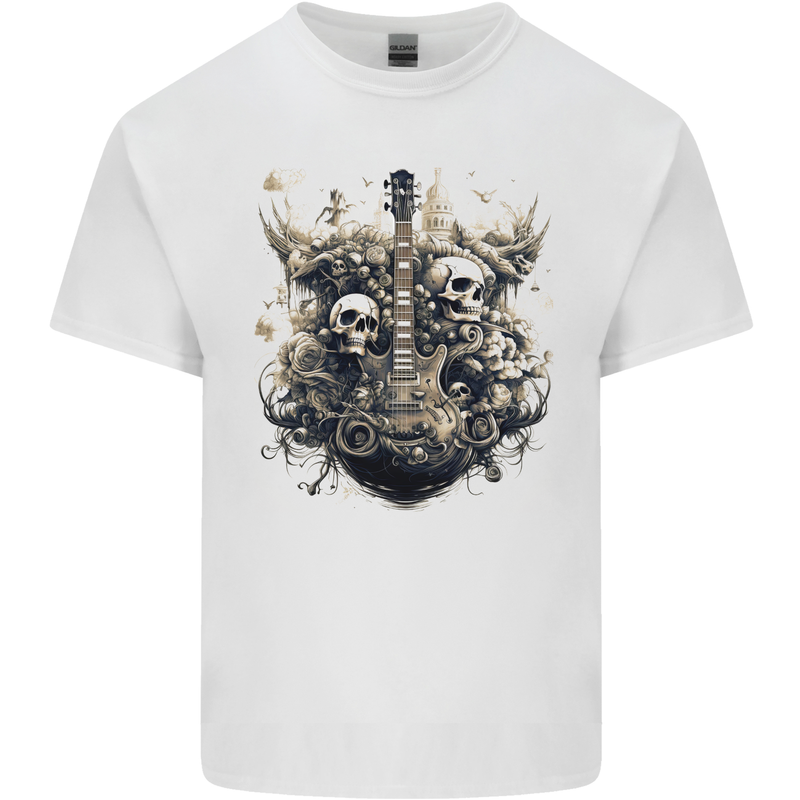 Guitar Skull City Heavy Metal Rock Music Mens Cotton T-Shirt Tee Top White