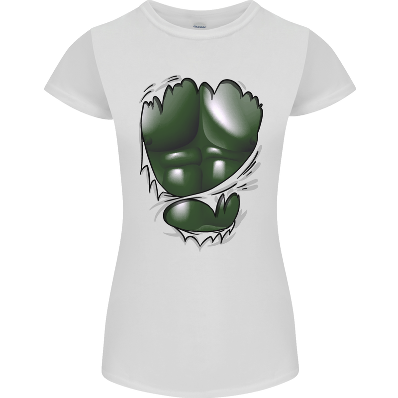 Gym Green Torso Ripped Muscles Effect Womens Petite Cut T-Shirt White