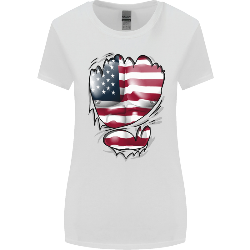 Gym Stars & Stripes American Flag Ripped Womens Wider Cut T-Shirt White