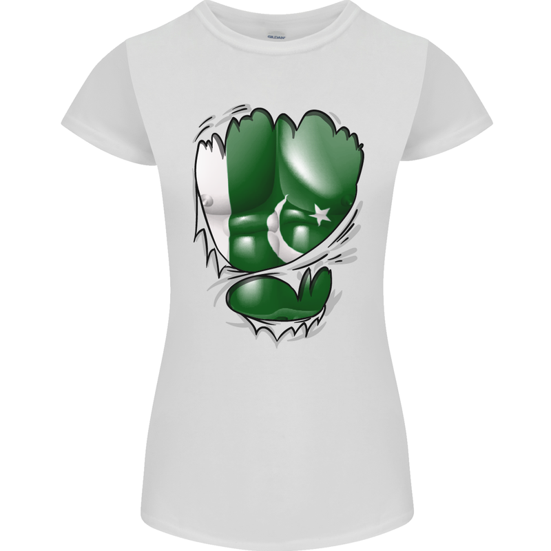 Gym The Pakistan Flag Ripped Muscles Effect Womens Petite Cut T-Shirt White