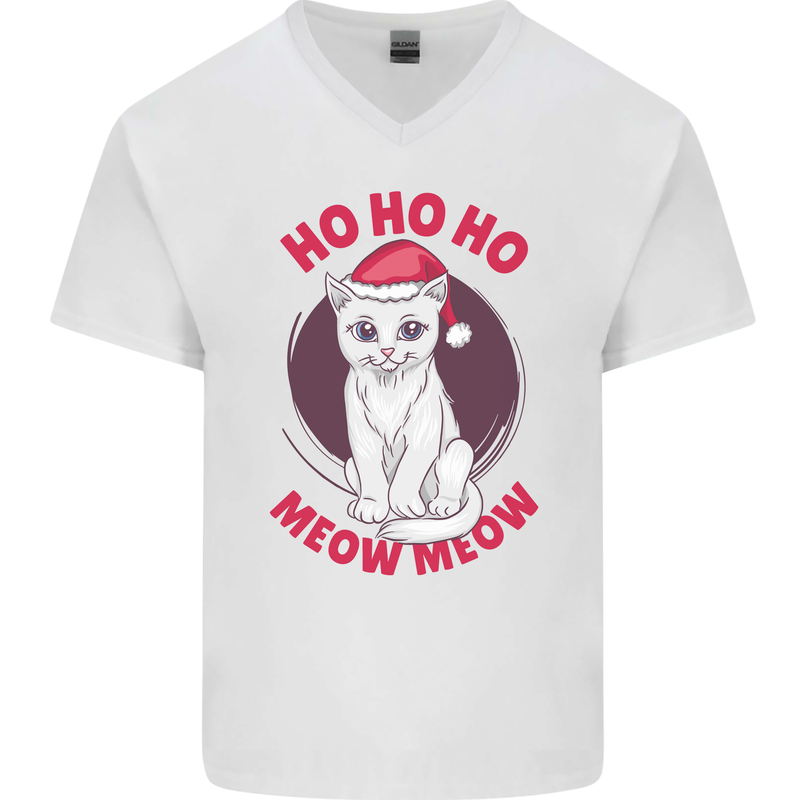 HO HO HO Funny Christmas Cat Xmas Meow Mens V-Neck Cotton T-Shirt White