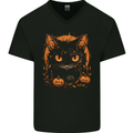 Halloween Cat With Pumpkins Mens V-Neck Cotton T-Shirt Black