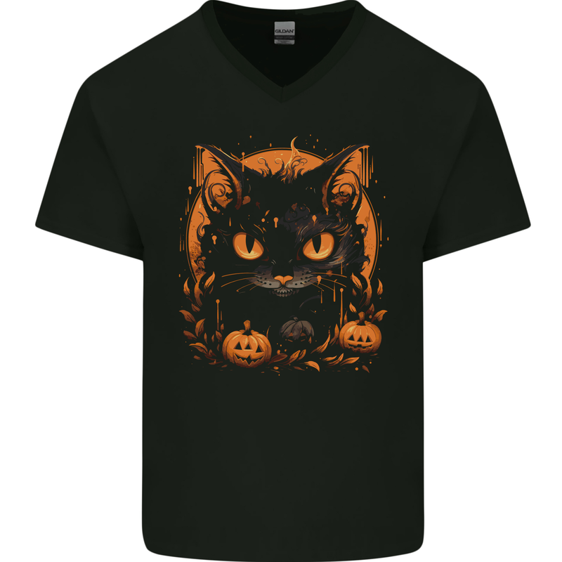Halloween Cat With Pumpkins Mens V-Neck Cotton T-Shirt Black