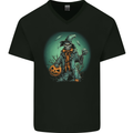 Halloween Skull With a Pumpkin Mens V-Neck Cotton T-Shirt Black