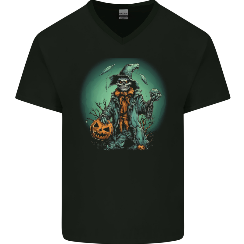 Halloween Skull With a Pumpkin Mens V-Neck Cotton T-Shirt Black