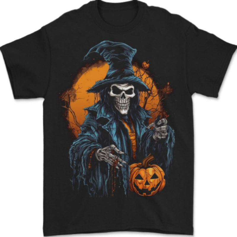 Halloween Wizard Witch With a Pumpkin Skull Mens T-Shirt 100% Cotton BLACK