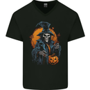 Halloween Wizard Witch With a Pumpkin Skull Mens V-Neck Cotton T-Shirt Black