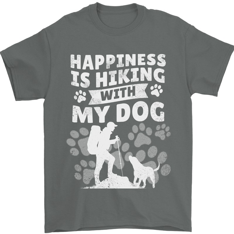 Happiness is Hiking With My Dog Funny Trekking Mens T-Shirt 100% Cotton Charcoal