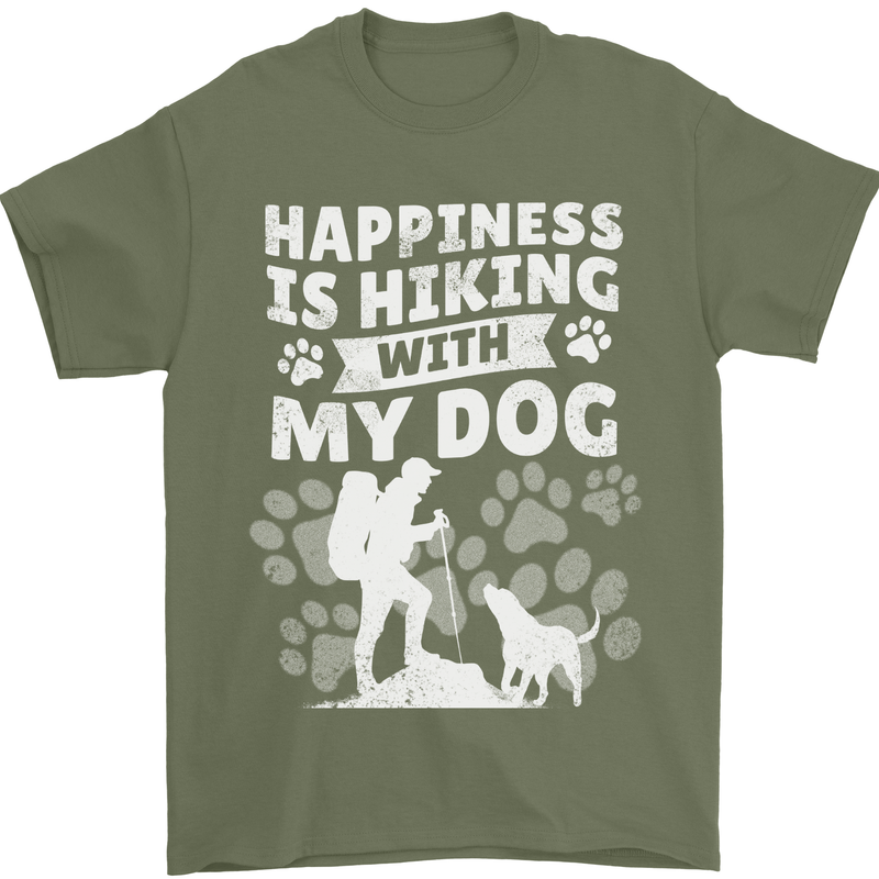 Happiness is Hiking With My Dog Funny Trekking Mens T-Shirt 100% Cotton Military Green