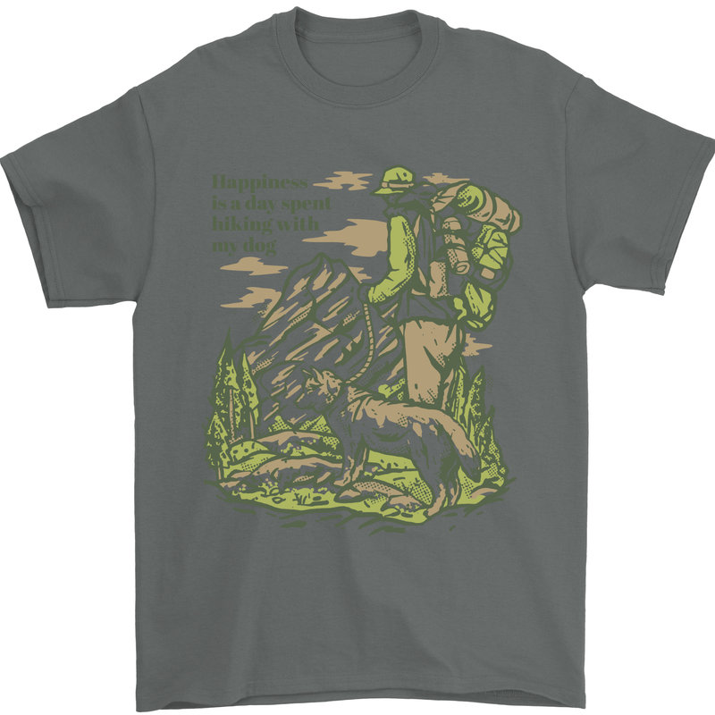 Happiness is Hiking With My Dog Mens T-Shirt 100% Cotton Charcoal