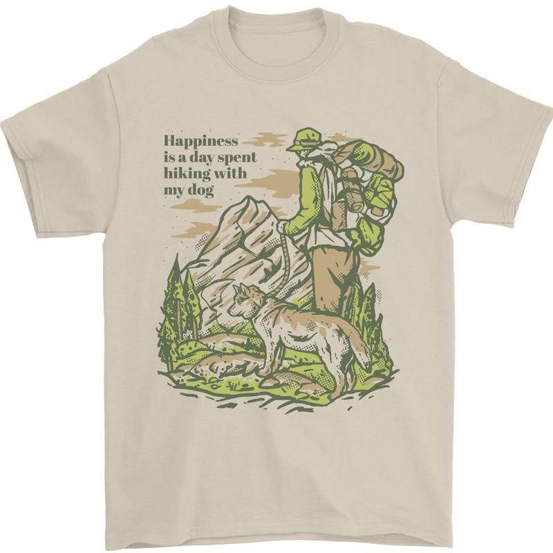 Happiness is Hiking With My Dog Mens T-Shirt 100% Cotton Sand