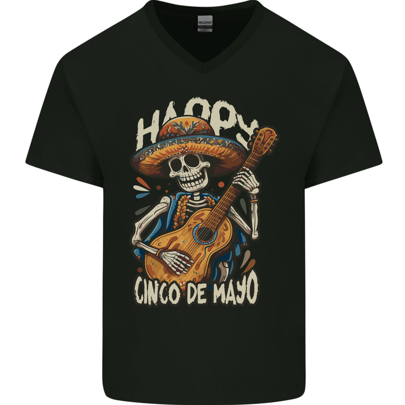 Happy Cinco De Mayo Day Mexico Skull Guitar Mens V-Neck Cotton T-Shirt Black
