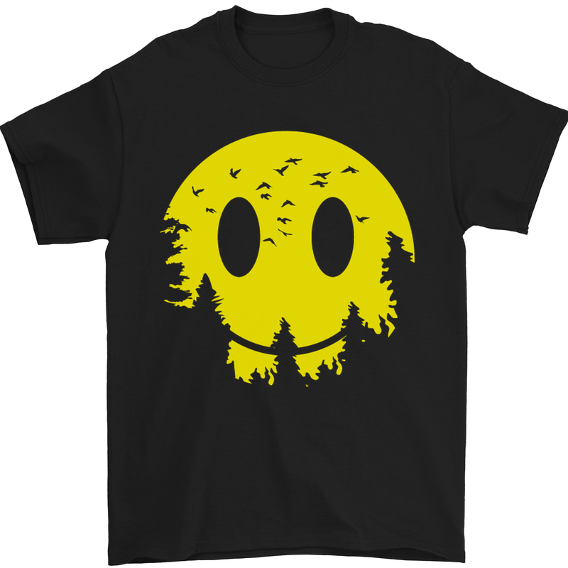 a black t - shirt with a yellow smiley face