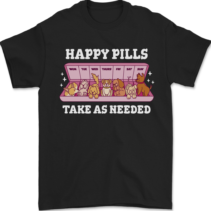 Happy Pills Antidepressants Dogs Mens T-Shirt 100% Cotton Black