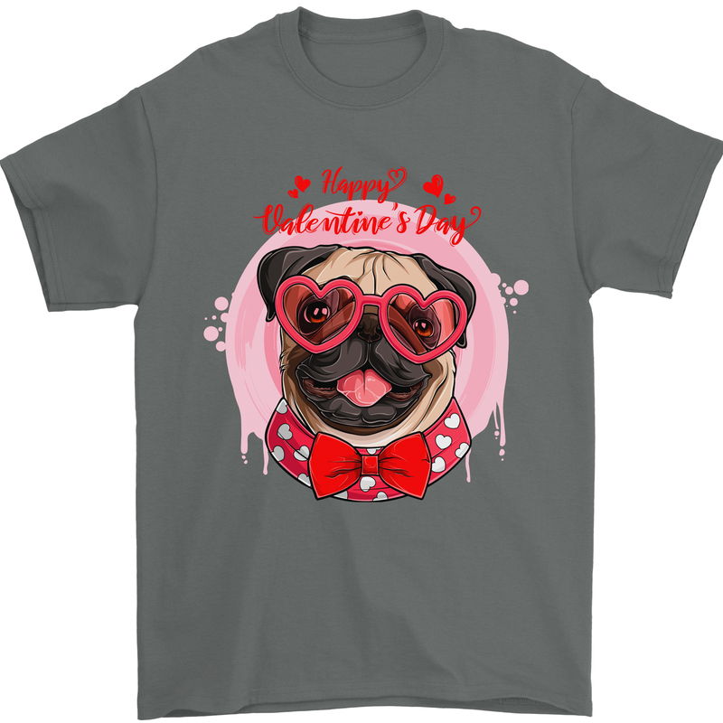 Happy Valentines Day Pug Dog Mens T-Shirt 100% Cotton Charcoal