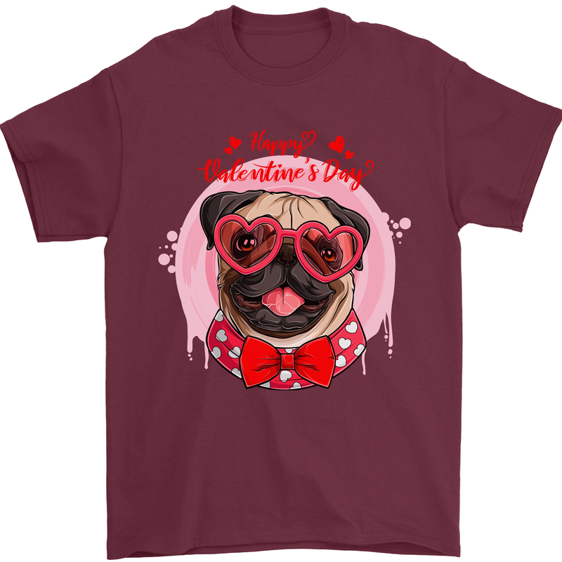 Happy Valentines Day Pug Dog Mens T-Shirt 100% Cotton Maroon