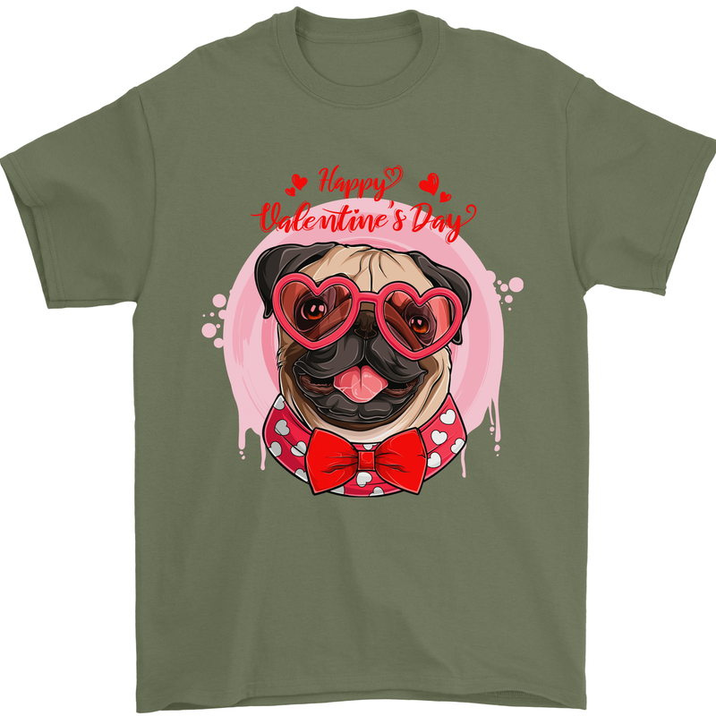 Happy Valentines Day Pug Dog Mens T-Shirt 100% Cotton Military Green