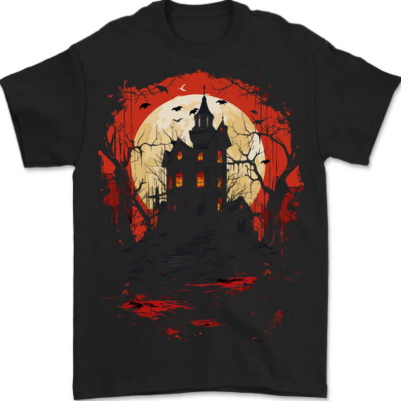 Haunted House Halloween Spooky Mens T-Shirt 100% Cotton BLACK