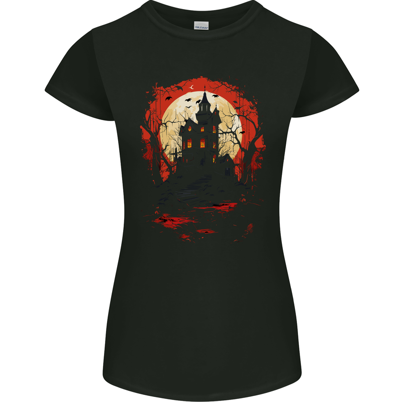 Haunted House Halloween Spooky Womens Petite Cut T-Shirt Black