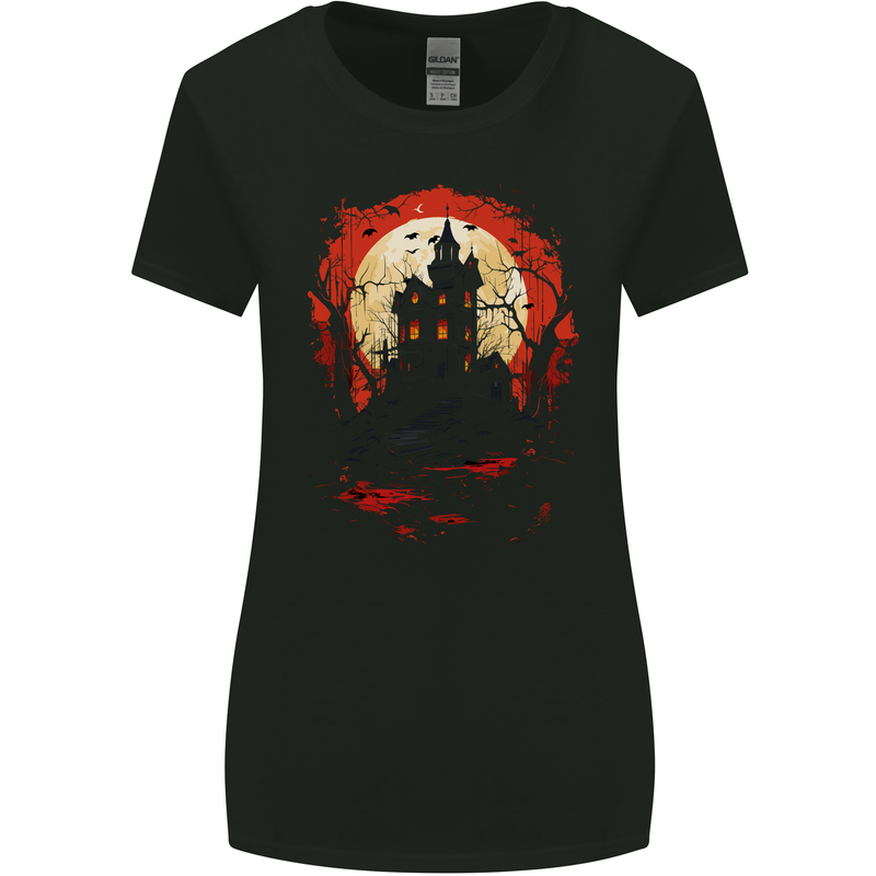Haunted House Halloween Spooky Womens Wider Cut T-Shirt Black