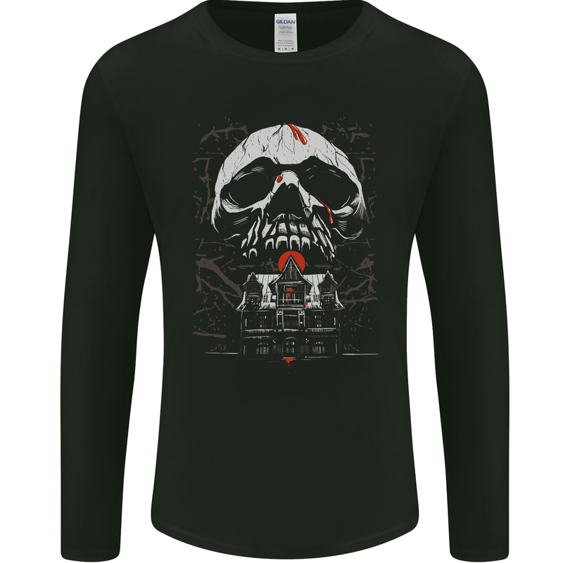Haunted House Skull Halloween Mens Long Sleeve T-Shirt Black