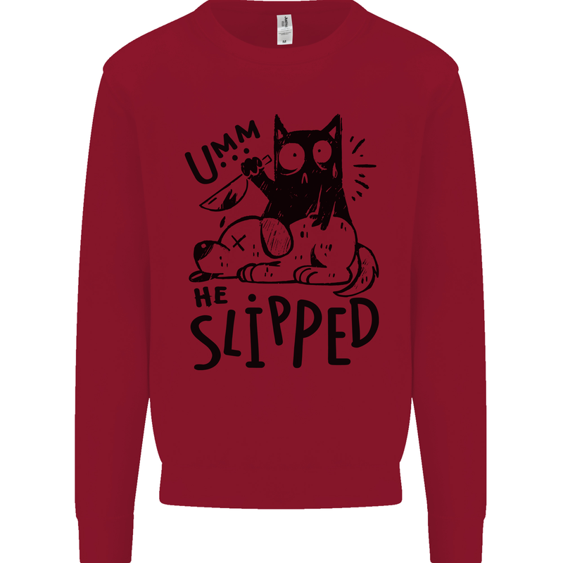 He Slipped A Cat Murdering a Dog Funny Kids Sweatshirt Jumper Red