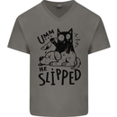 He Slipped A Cat Murdering a Dog Funny Mens V-Neck Cotton T-Shirt Charcoal