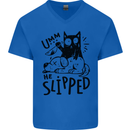 He Slipped A Cat Murdering a Dog Funny Mens V-Neck Cotton T-Shirt Royal Blue