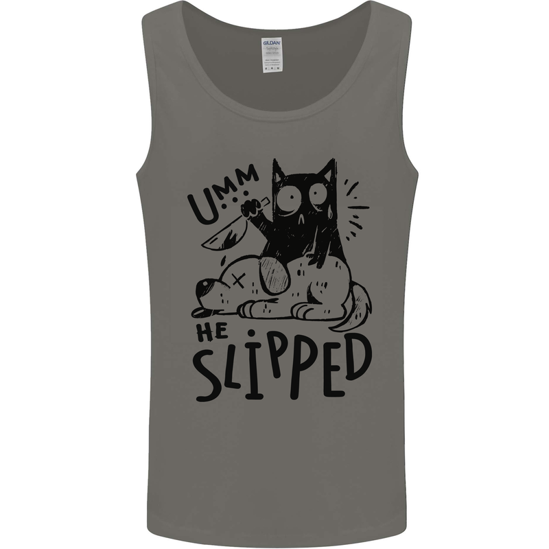 He Slipped A Cat Murdering a Dog Funny Mens Vest Tank Top Charcoal