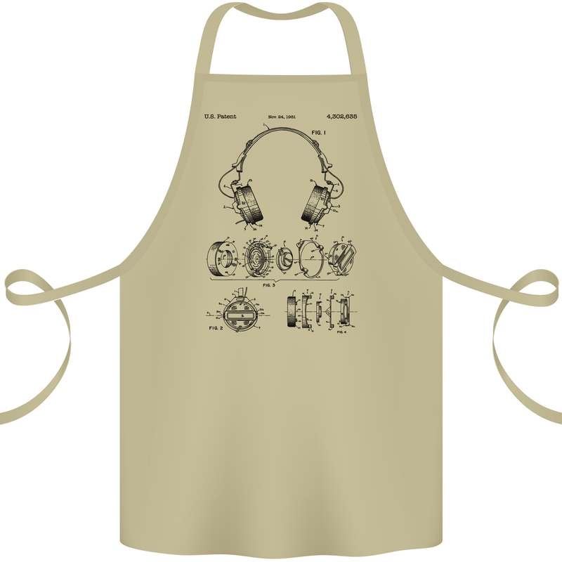 Headphones Patent Blueprint Dance Music DJ Cotton Apron 100% Organic Khaki