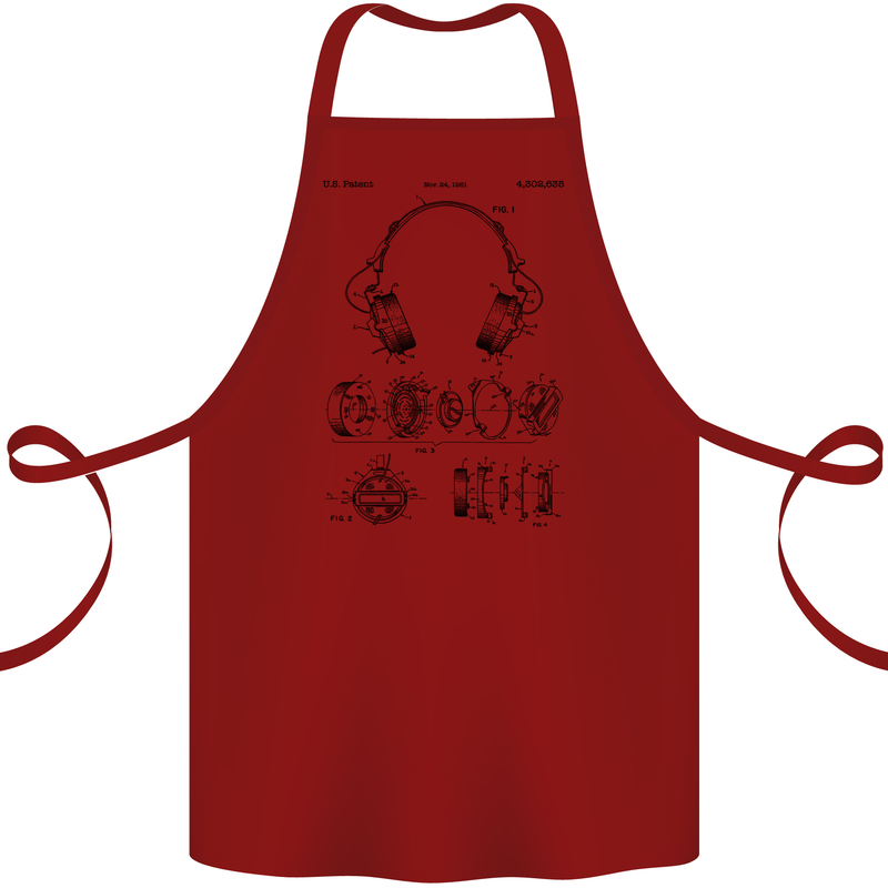 Headphones Patent Blueprint Dance Music DJ Cotton Apron 100% Organic Maroon