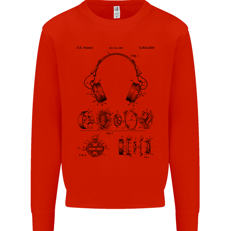 Headphones Patent Blueprint Dance Music DJ Kids Sweatshirt Jumper Bright Red